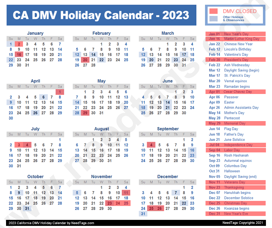 2023 California DMV Holiday Calendar by NeedTags.com